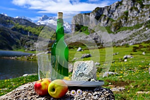 Green bottle and glass of natural Asturian cider made fromÂ fermented apples, Asturian cabrales cow blue cheese with view on